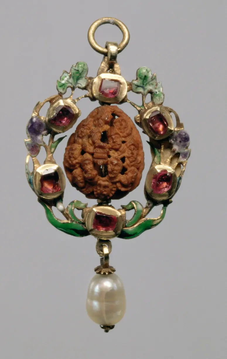 Cherry Stone Pendant with Austrian Coat of Arms and 12 Portraits of Habsburg Sovereigns