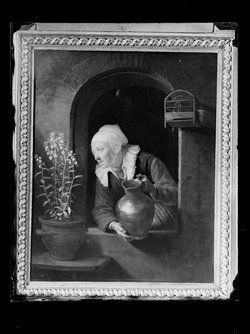 Alte Frau am Fenster, Blumen giessend