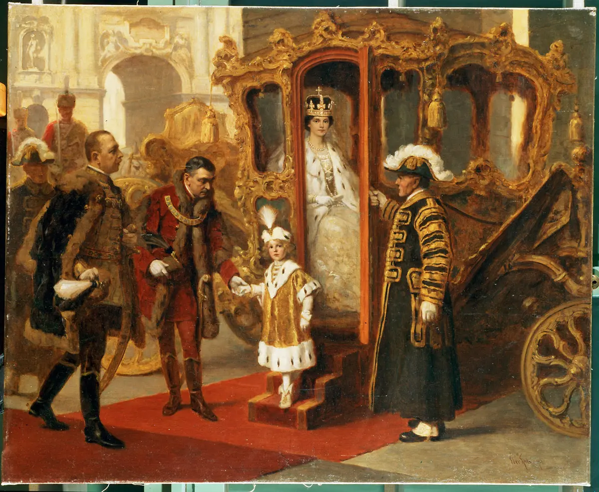 Kaiserin/Königin Zita und Kronprinz Otto beim Verlassen des Imperialwagens vor der Königskrönung in Budapest (30.12.1916)