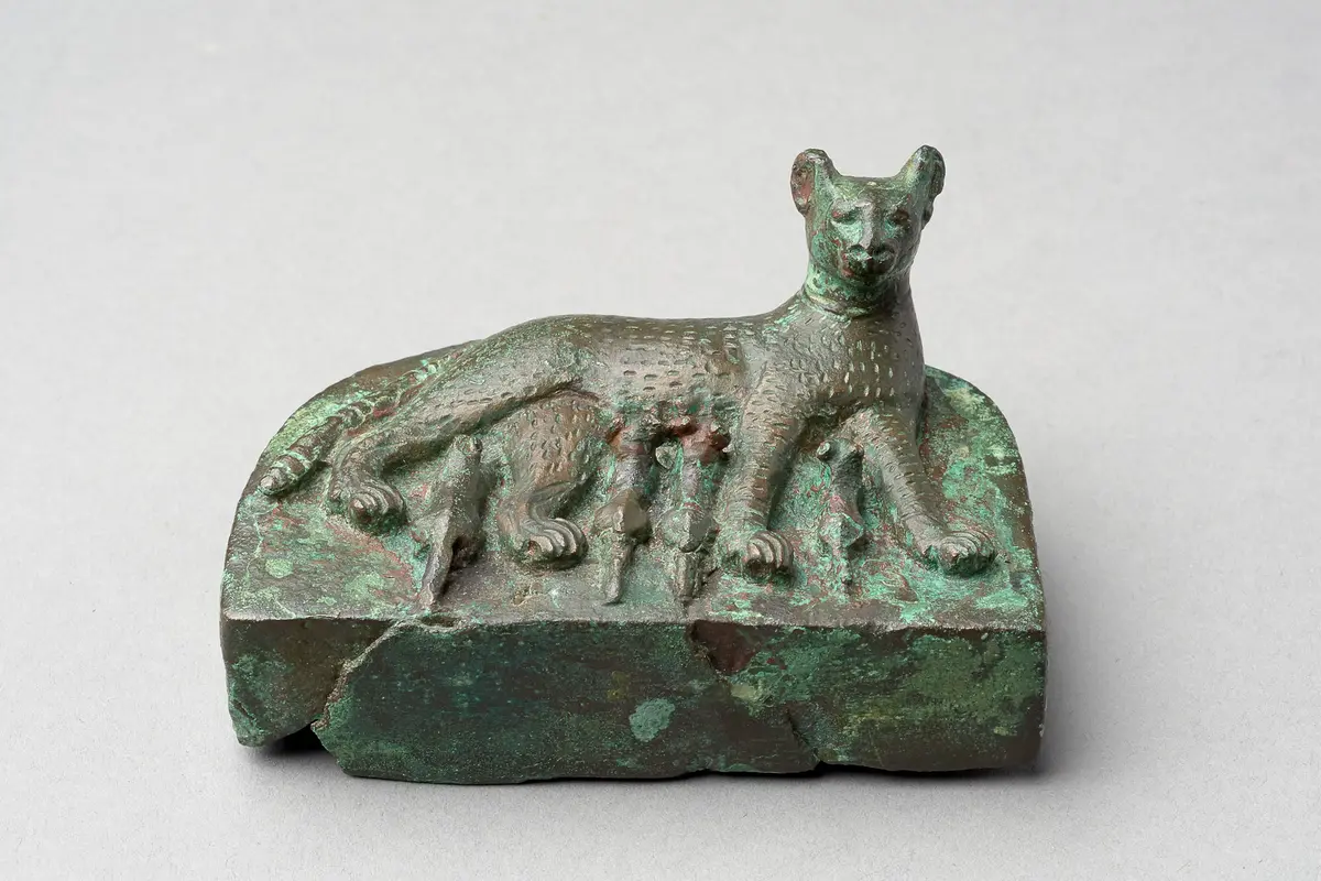 Liegende Katze mit vier Jungen