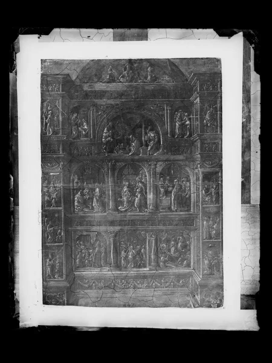 Ein kleines Bild mit Architektur und kleinen Figuren, die Geschichte Marias (grau in grau)
