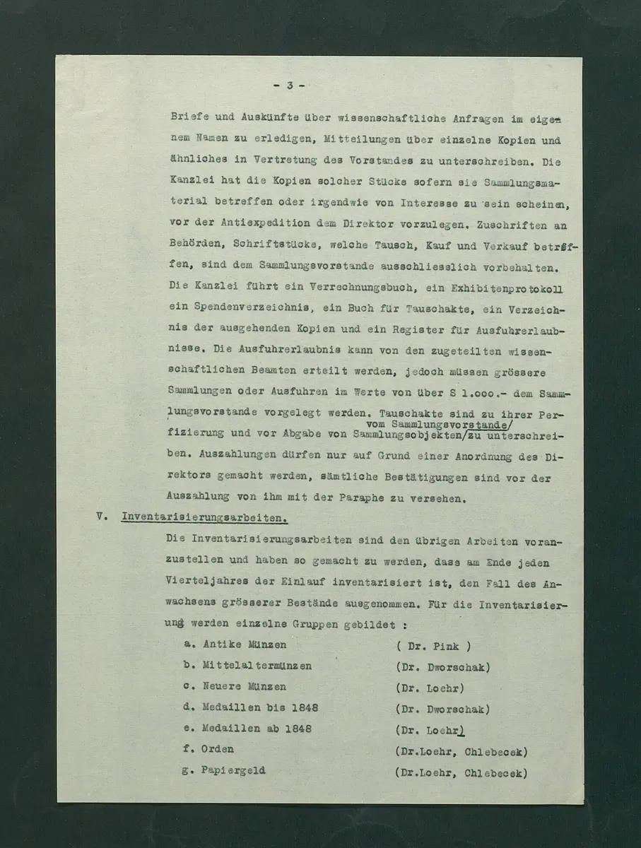 Dienstvorschriften für die Sammlung von Medaillen, Münzen und Geldzeichen