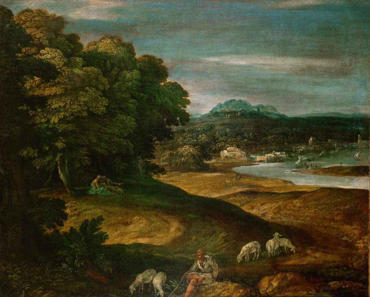Landschaft mit Hirten und Schafen