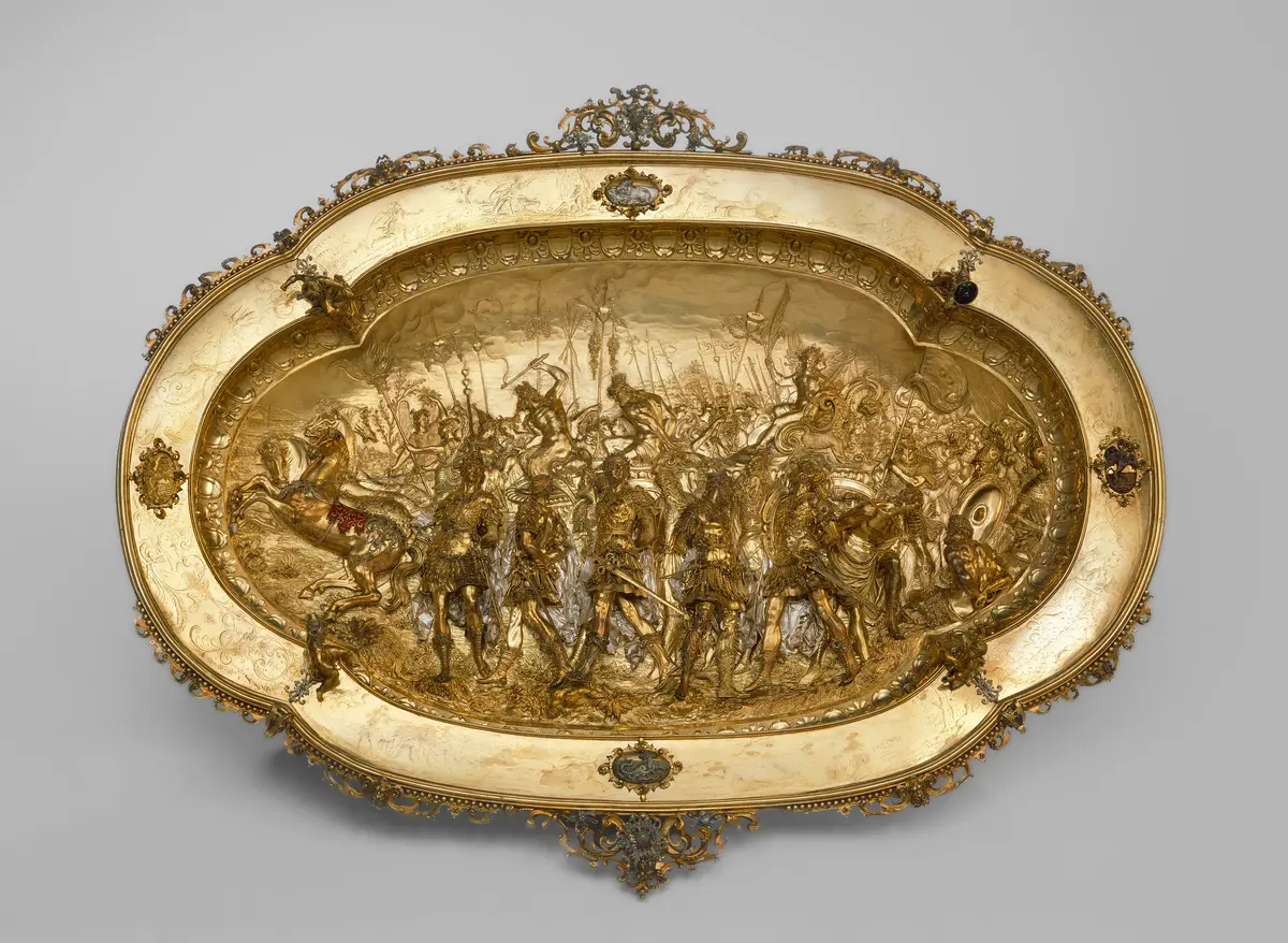 Prunkbecken mit Darstellung des Triumpfzuges von Amor; Becken der sogenannten Trionfi-Garnitur