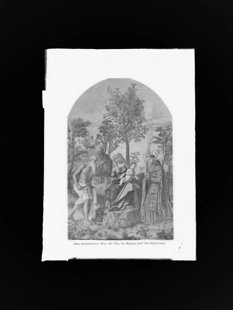Madonna mit Kind unter einem Baum sitzend umgeben vom Hl. Hieronymus und einem Bischof