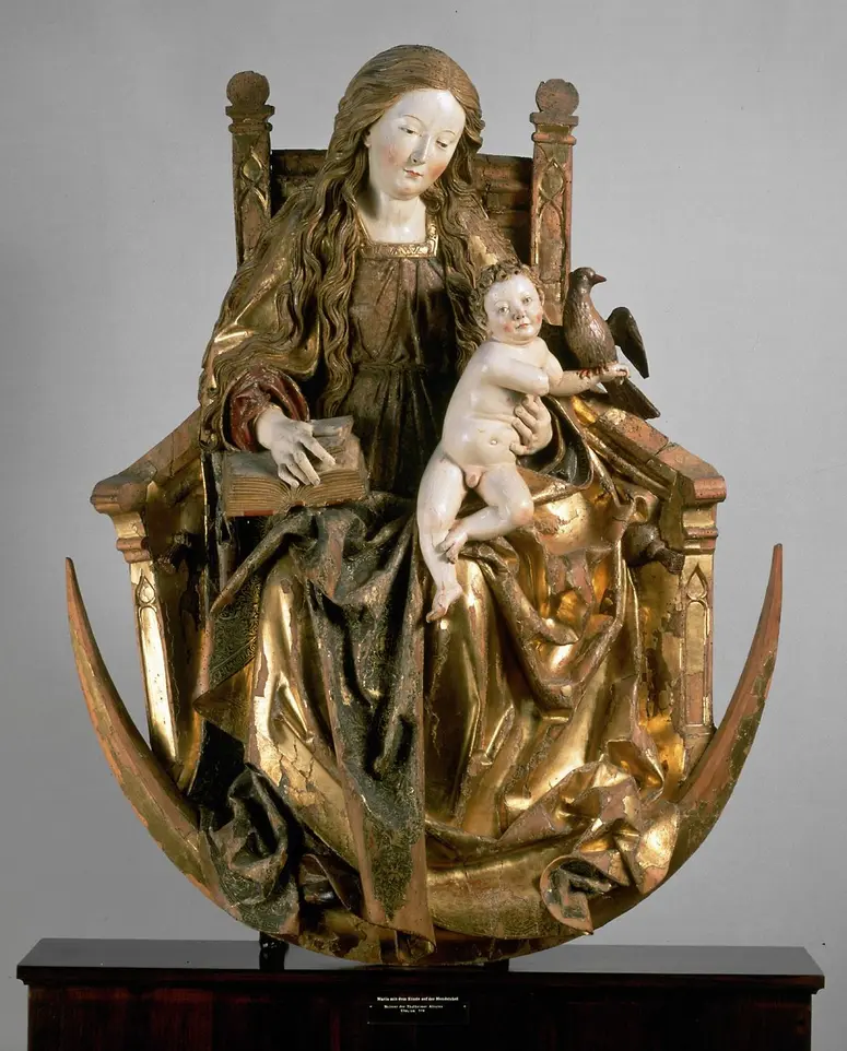 Thronende Madonna mit dem Kinde auf der Mondsichel; Fragment eines spätgotischen Flügelaltares