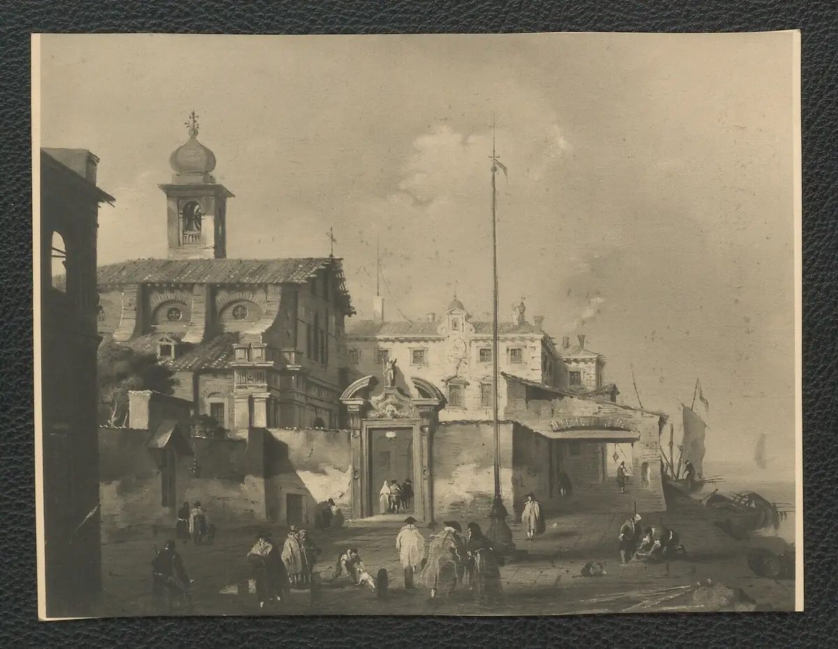 F. Guardi: Staffierte venezianische Vedute. Öl-Leinwand 35 x 44,5 cm