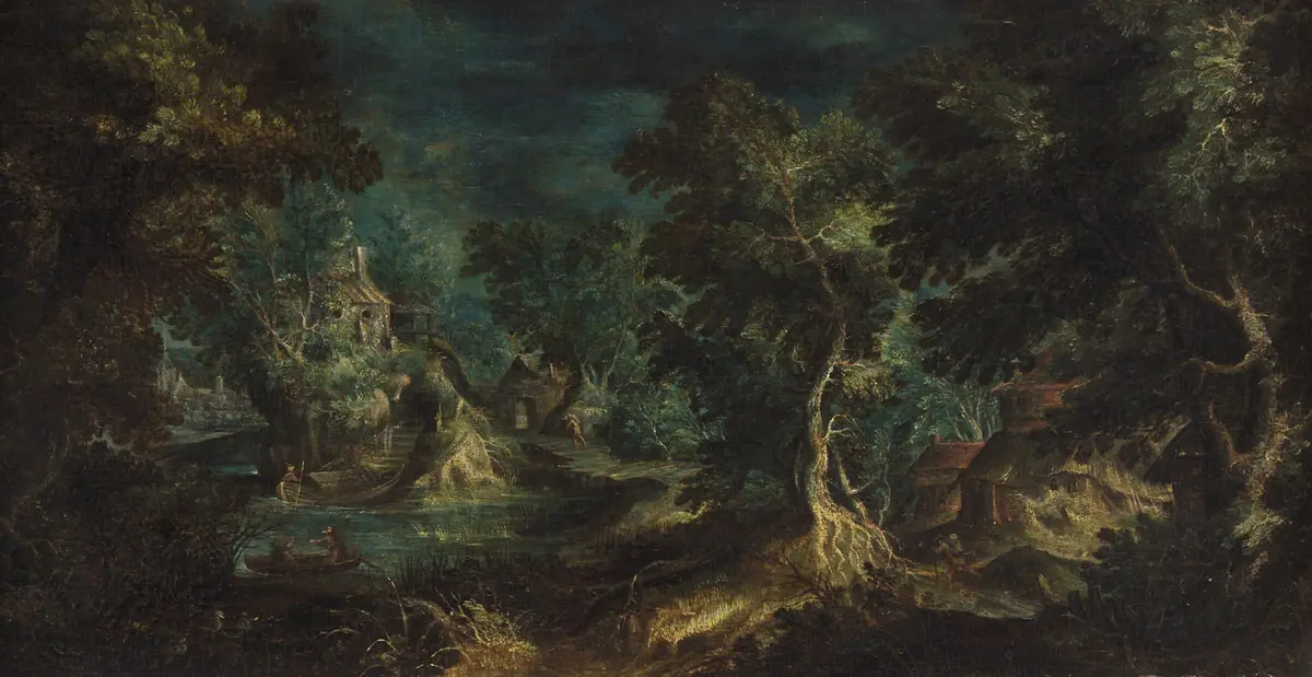 Phantastische Landschaft mit Hirten und Bäumen