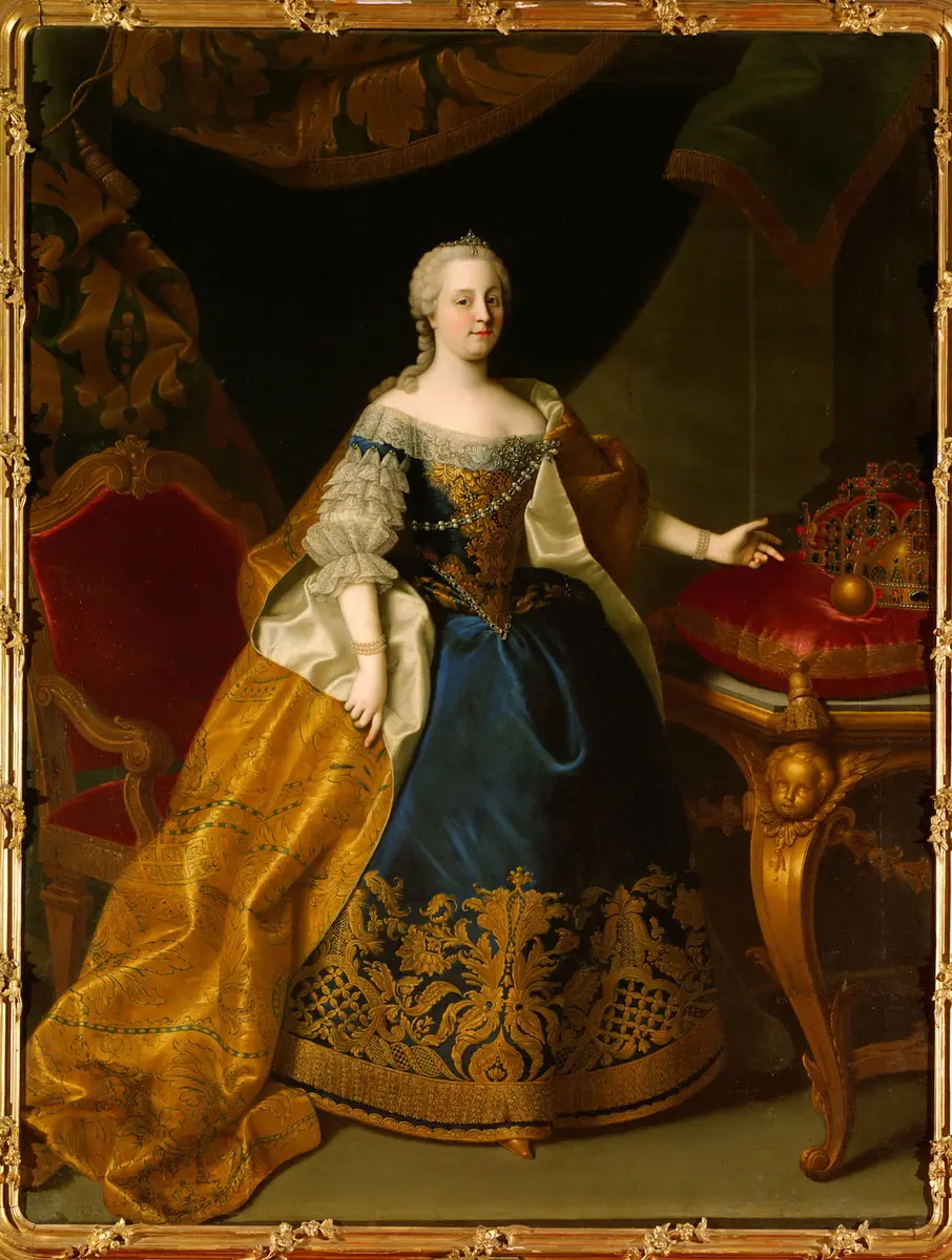 Maria Theresia (1717-1780) mit der Reichskrone und den Kronen der Königreiche Ungarn und Böhmen