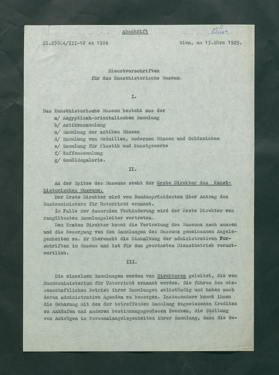 Dienstvorschriften für das Kunsthistorische Museum
