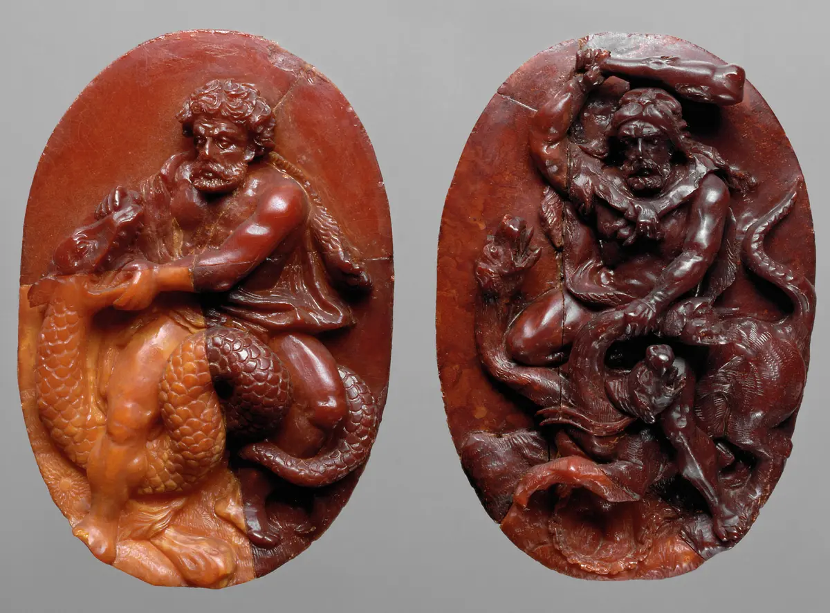 Herkules bezwingt die Hydra; Fragment des Bernsteinthrons Kaiser Leopolds I.