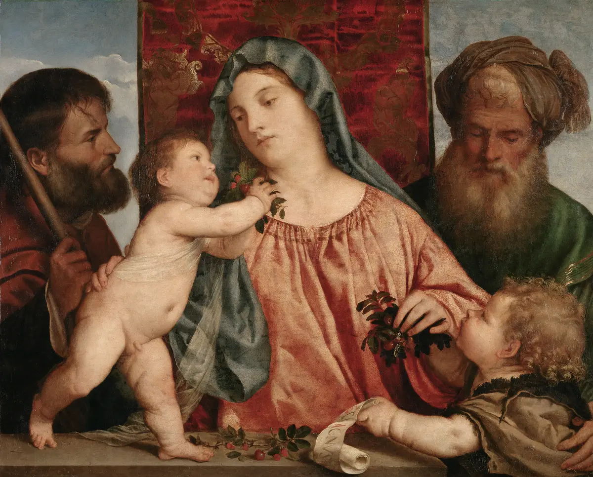 Kirschenmadonna (Links hl. Joseph, rechts Johannesknabe und hl. Zacharias)