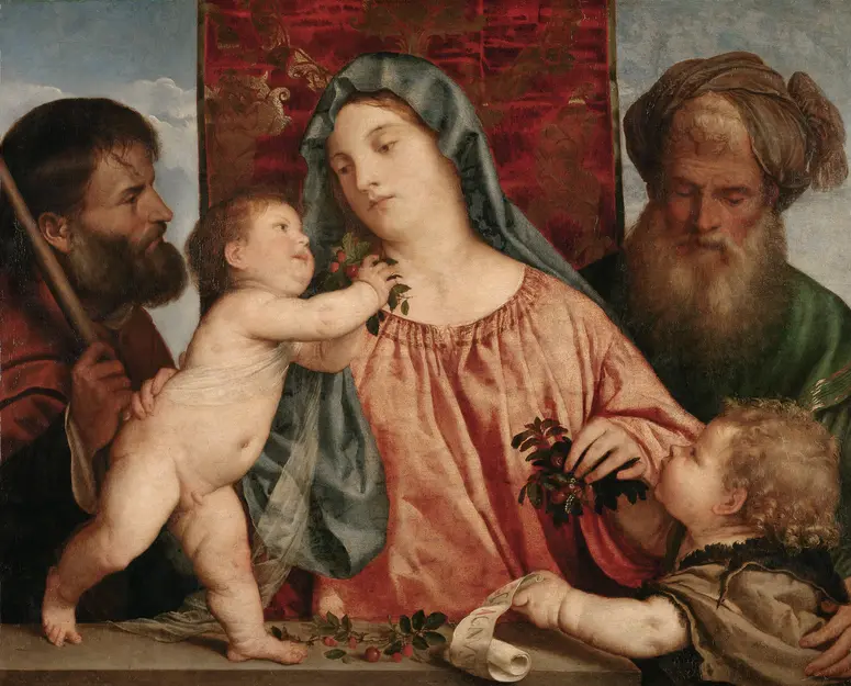Kirschenmadonna (Links hl. Joseph, rechts Johannesknabe und hl. Zacharias)