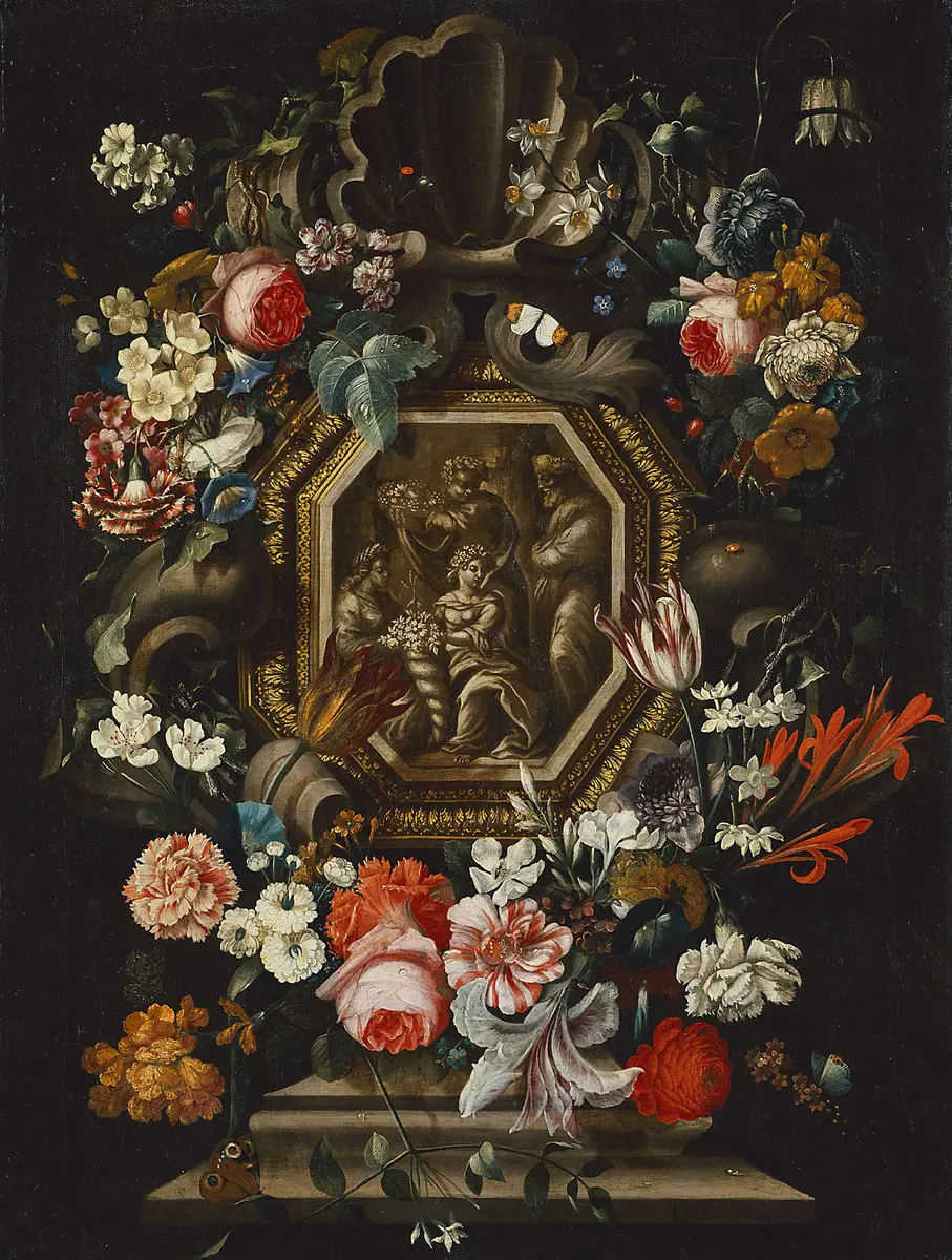 Blumenstück, in der Mitte die vier Jahreszeiten