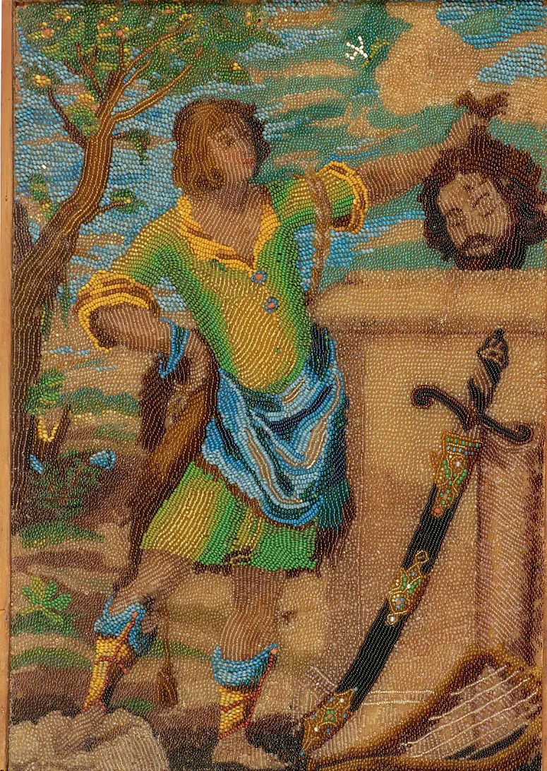 David mit dem Haupt des Goliath, das Schwert an ein Postament gelehnt