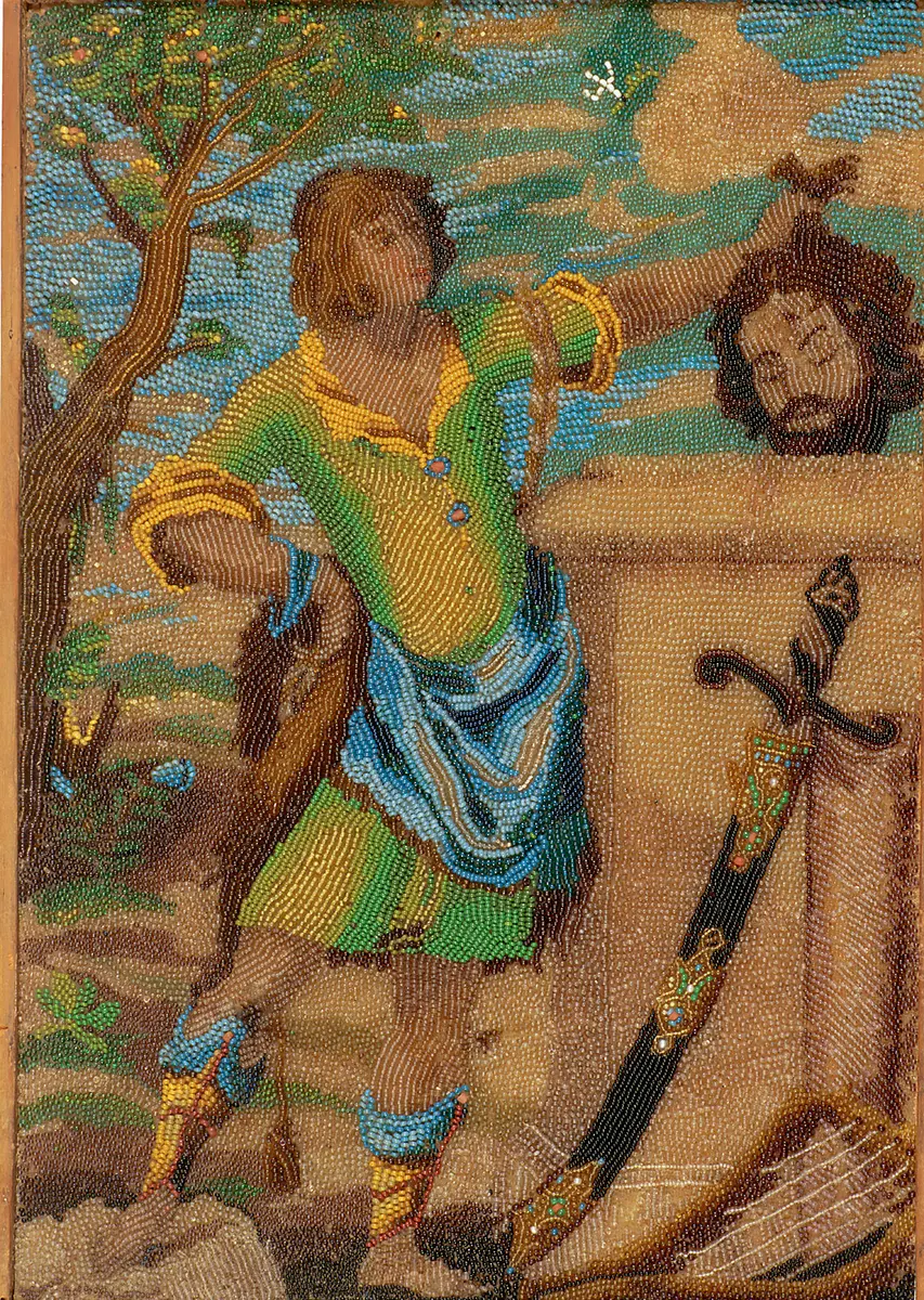 David mit dem Haupt des Goliath, das Schwert an ein Postament gelehnt