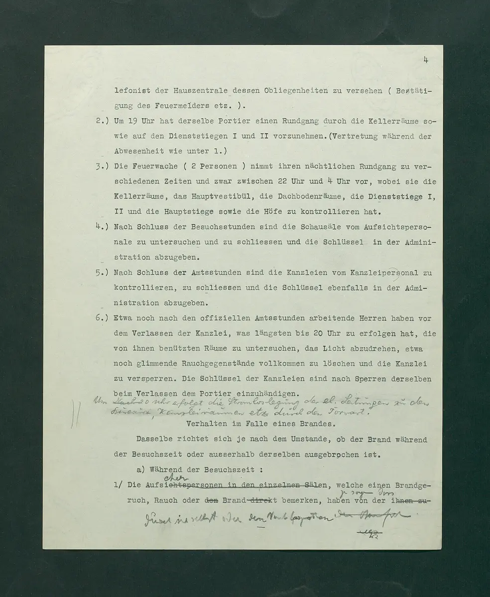 Entwurf einer Feuerlöschordnung für das Kunsthistorische Museum, 1926