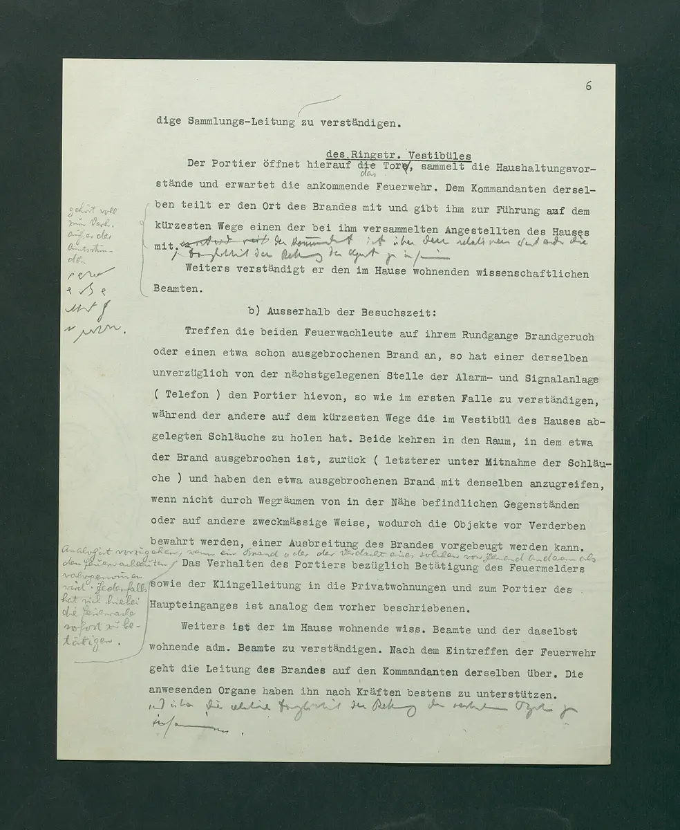 Entwurf einer Feuerlöschordnung für das Kunsthistorische Museum, 1926