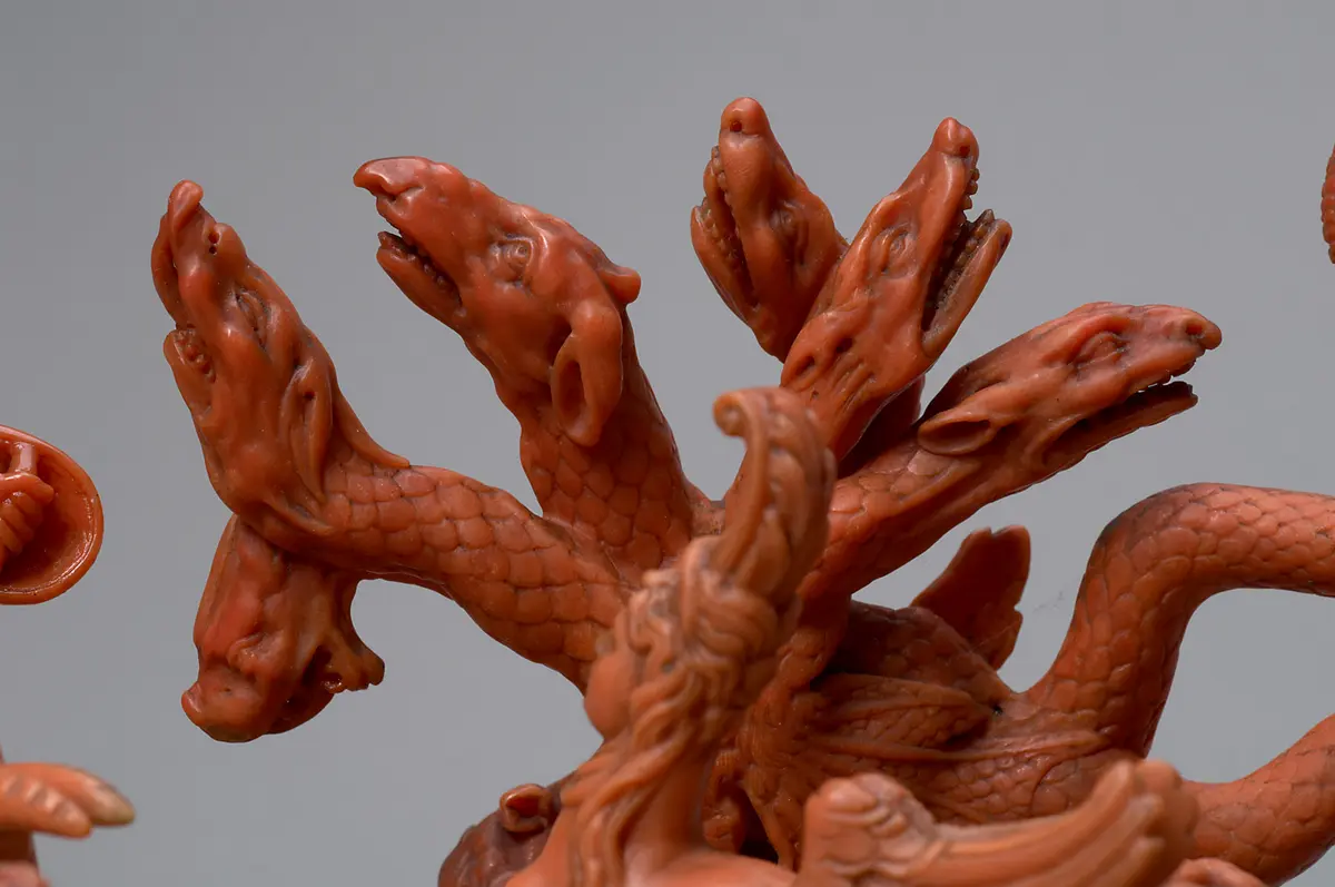 Statuette; Skulptur, Koralle, Naturalie, Herkules im Kampf mit der Hydra