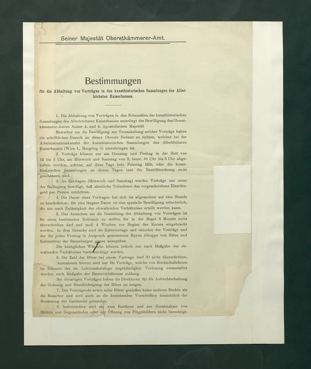Bestimmungen für die Abhaltung von Vorträgen in den kunsthistorischen Sammlungen des Allerhöchsten Kaiserhauses