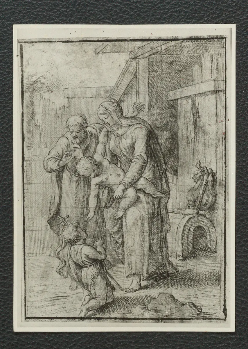 Federzeichnung, Heilige Familie und Johannesknabe, Italienisch, 1530. Goldrahmen 14,5 x 20 cm