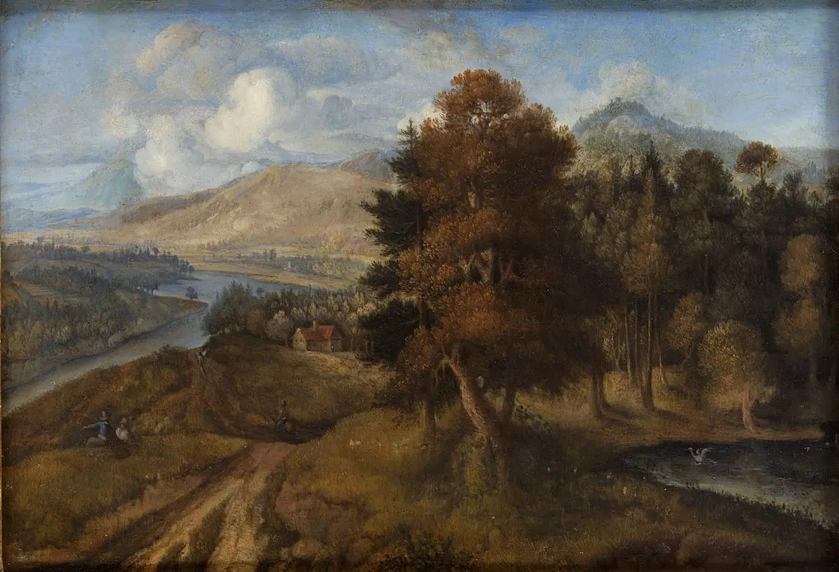 Waldige Landschaft mit Fluss und Bergen