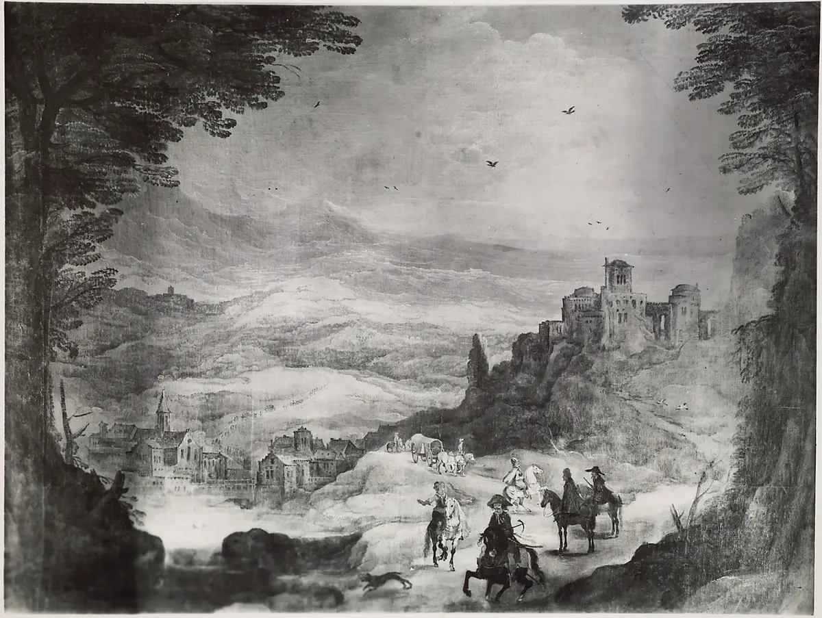 Landschaft mit Festung und Reitern