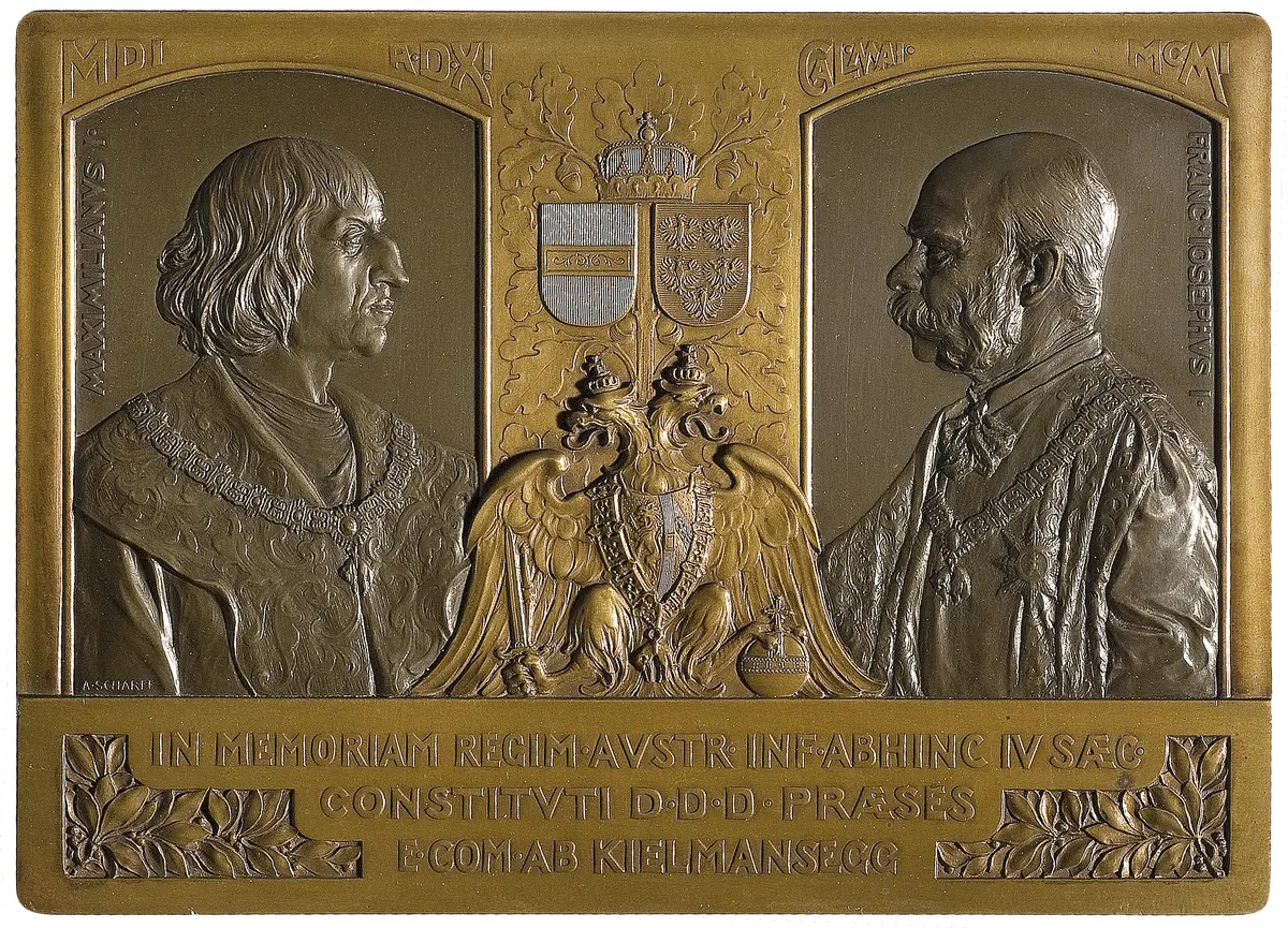 Habsburg: Kaiser Maximilian I. und Kaiser Franz Joseph I., auf das 400-jährige Jubiläum der Herrschaft des Hauses Habsburg in Niederösterreich