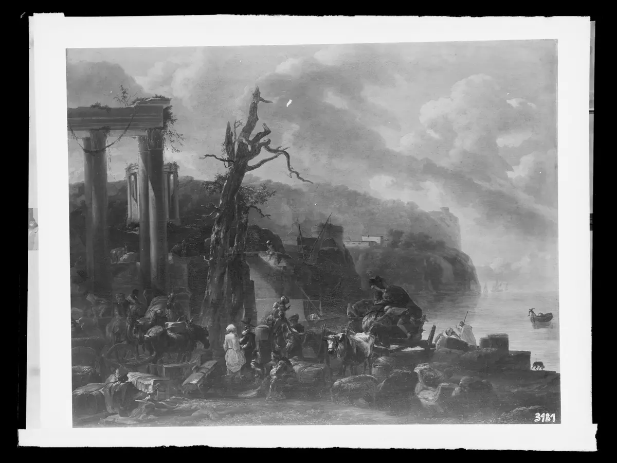 Seehafen - im Vordergrund Ruinen und Figuren