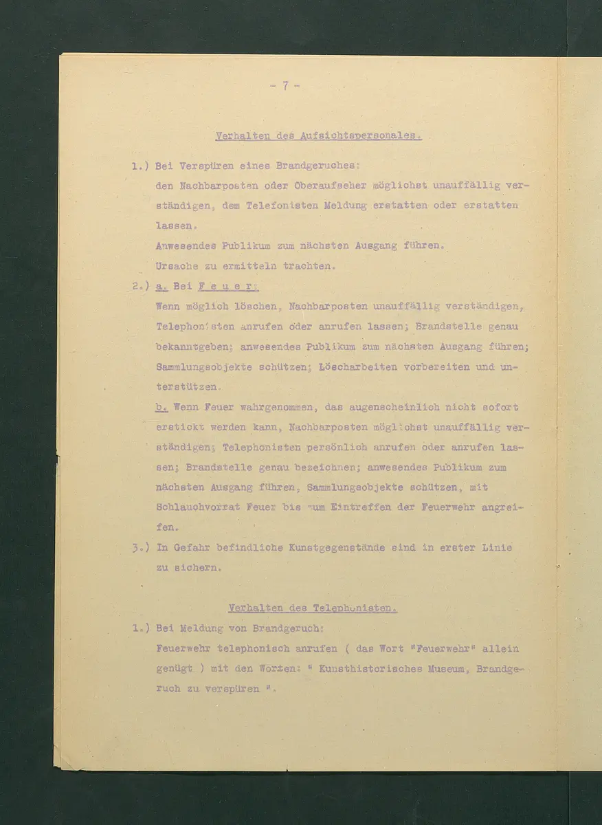 Feuerlöschordnung für das Kunsthistorische Museum, 1927