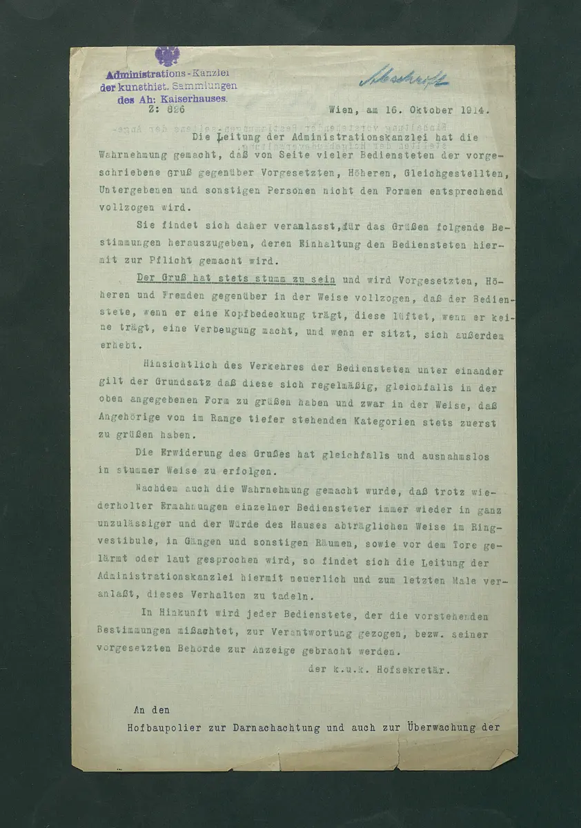 Grußordnung für Bedienstete des Museums (Abschrift)