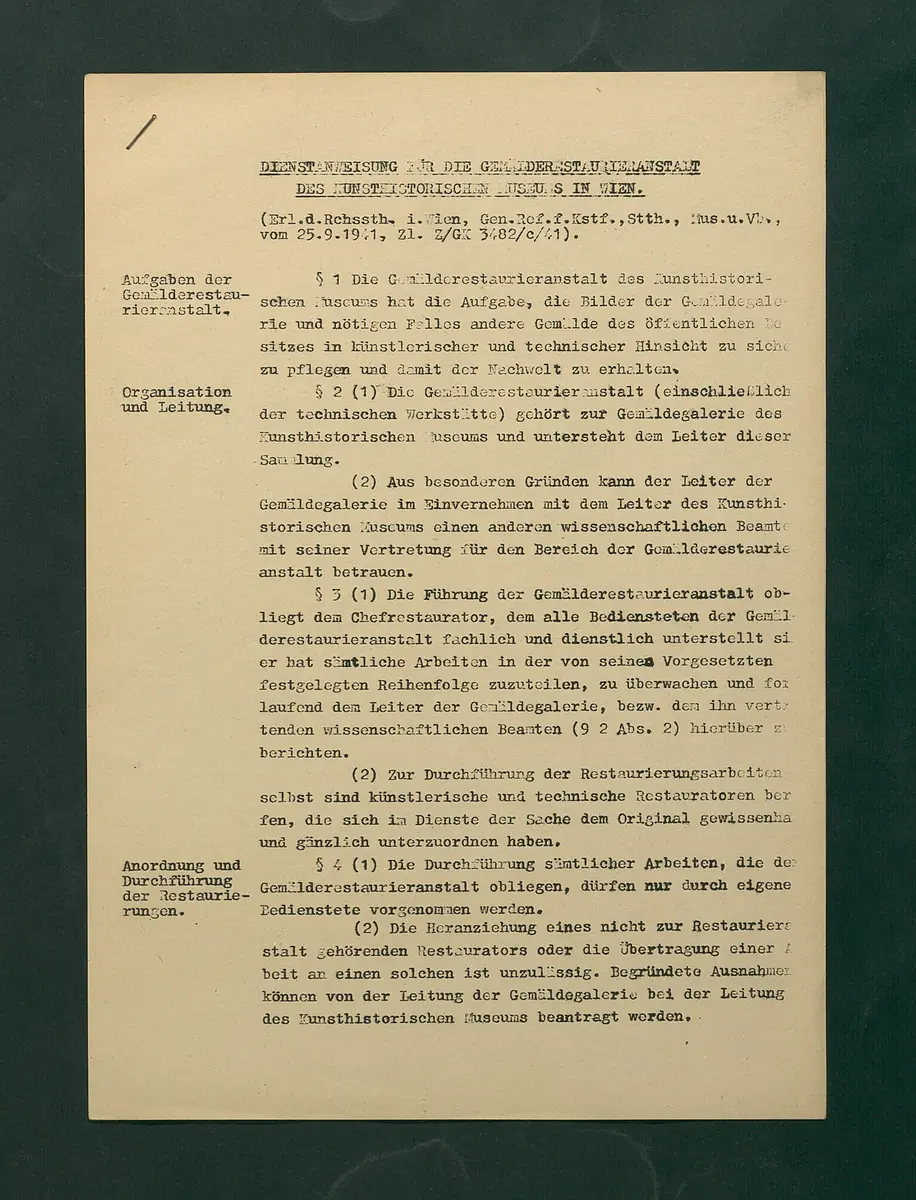 Dienstordnung für die Gemälderestaurieranstalt des Kunsthistorischen Museums