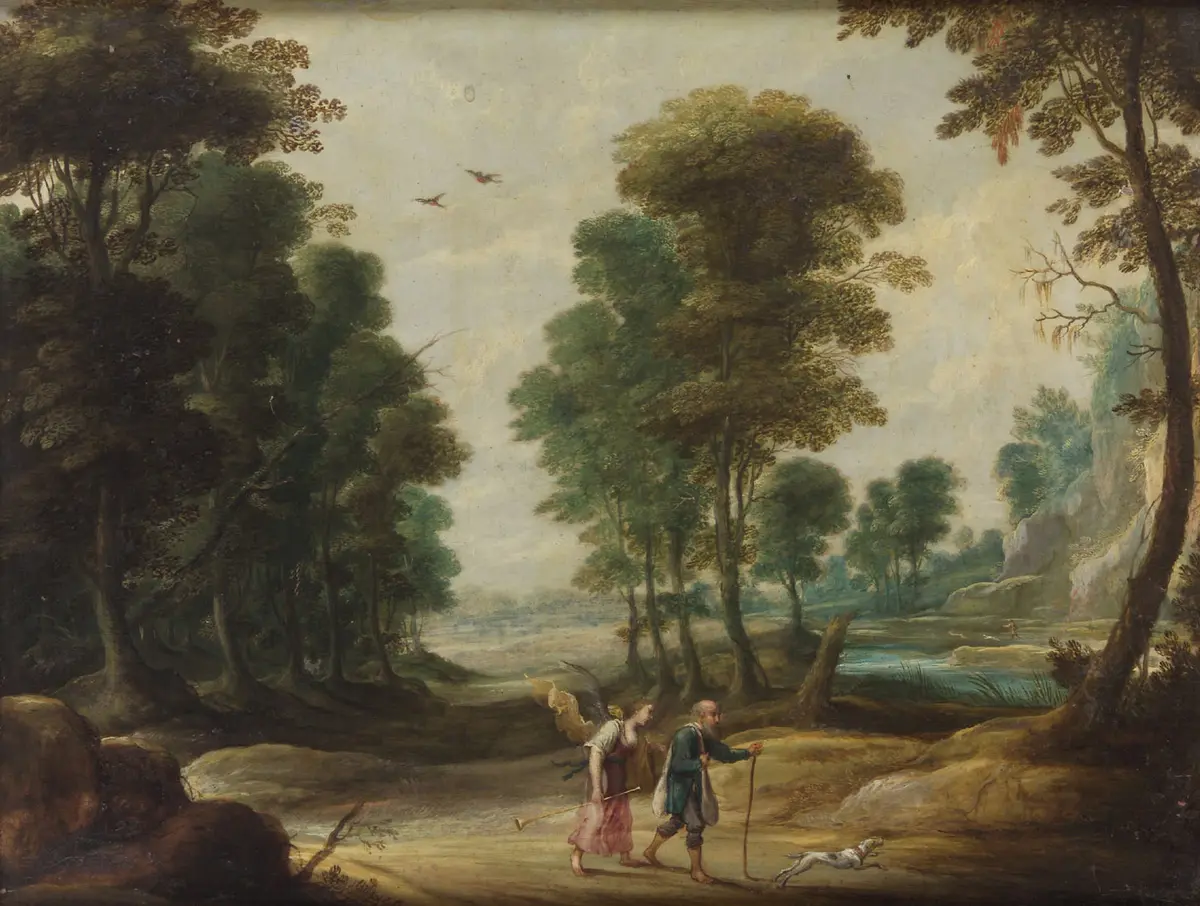 Landschaft mit wanderndem Dichter und Fama