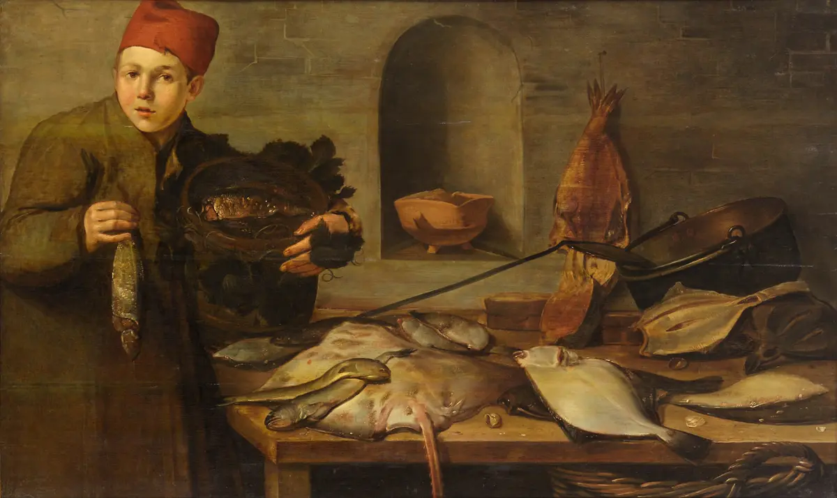 Knabe, Fische verkaufend
