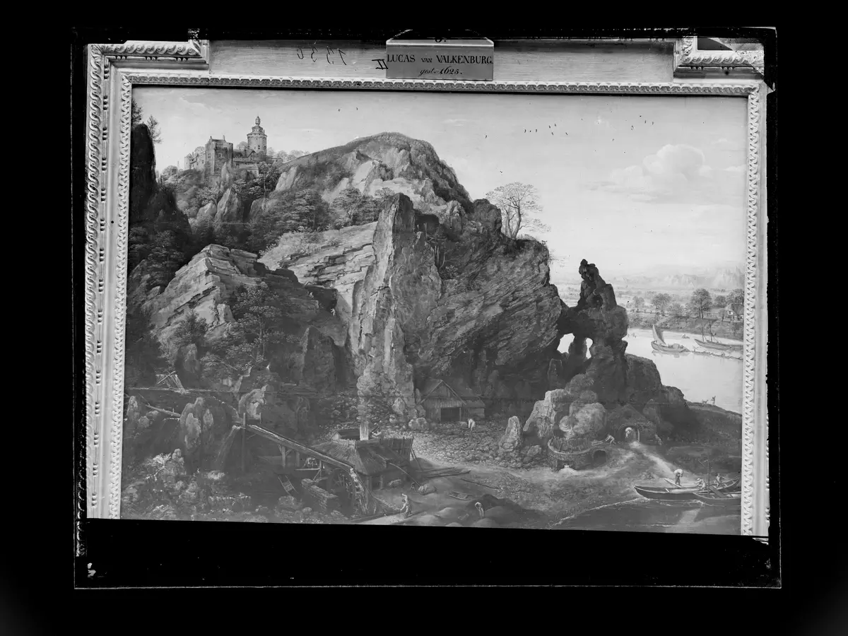 Maaslandschaft mit Bergwerk und Schmelzhütten