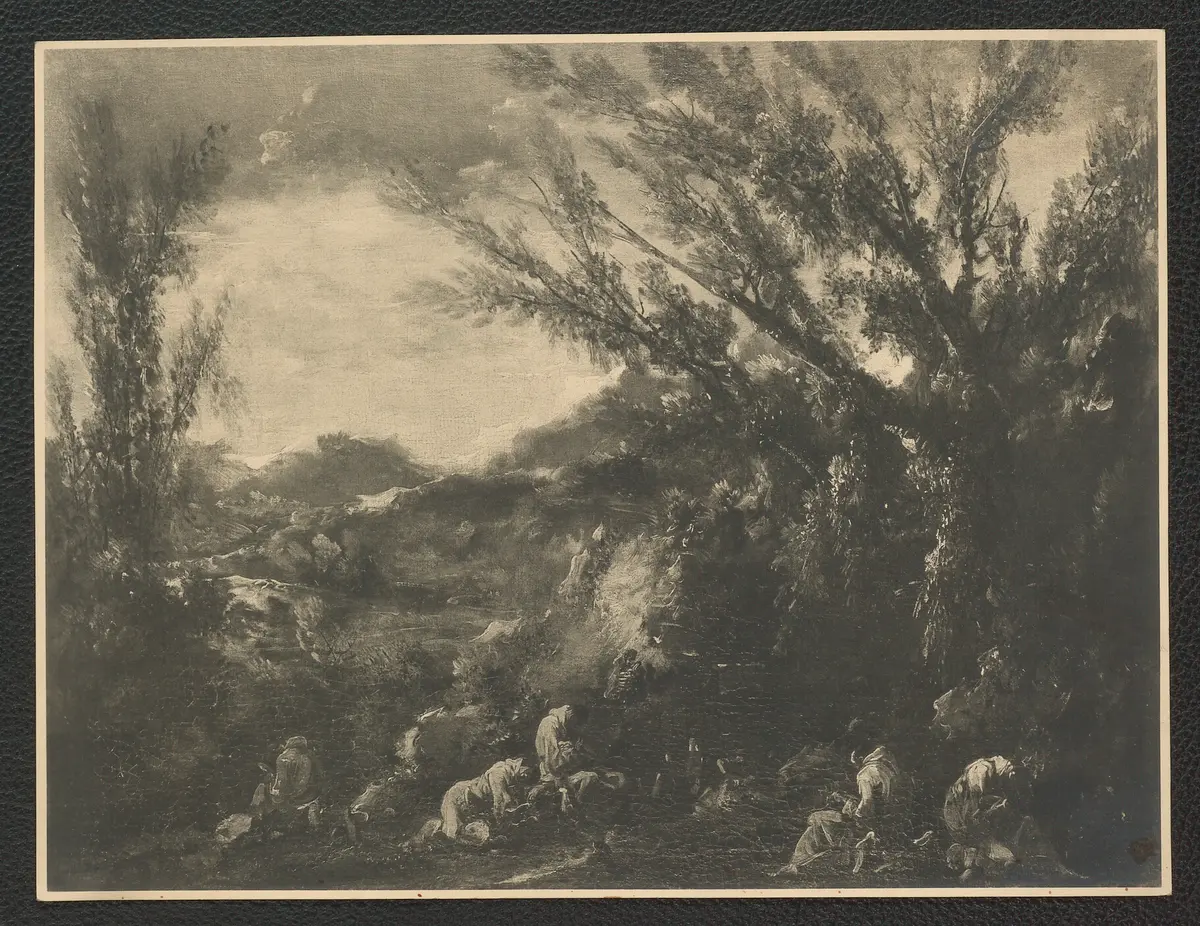 Alessandro Magnasco, Landschaft mit rastenden Dominikanermönchen. Öl-Leinwand. 73,5 x 98,5 cm