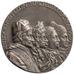 Allianz gegen die Osmanen: Papst Innozenz XI. (reg. 1676–1689), Kaiser Leopold I. (reg. 1657–1705), König Johann III. Sobieski (reg. 1674–1696) und Doge Marcantonio Giustinian (reg. 1684–1688)