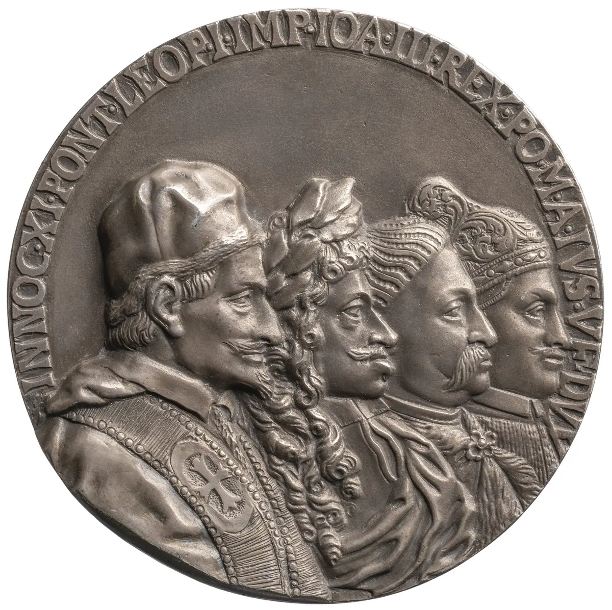 Allianz gegen die Osmanen: Papst Innozenz XI. (reg. 1676–1689), Kaiser Leopold I. (reg. 1657–1705), König Johann III. Sobieski (reg. 1674–1696) und Doge Marcantonio Giustinian (reg. 1684–1688)